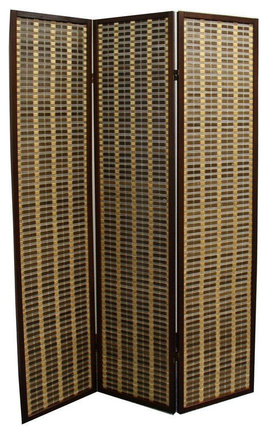 Benzara BM96148 Bamboo and Wood Two Tone 3 Panel Room Divider, Dark Brown