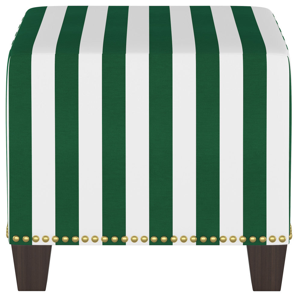 Quinn Square Nail Button Ottoman, Canopy Stripe Emerald