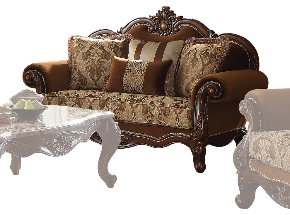ACME Jardena Loveseat with 4 Pillows, Fabric and Cherry Oak