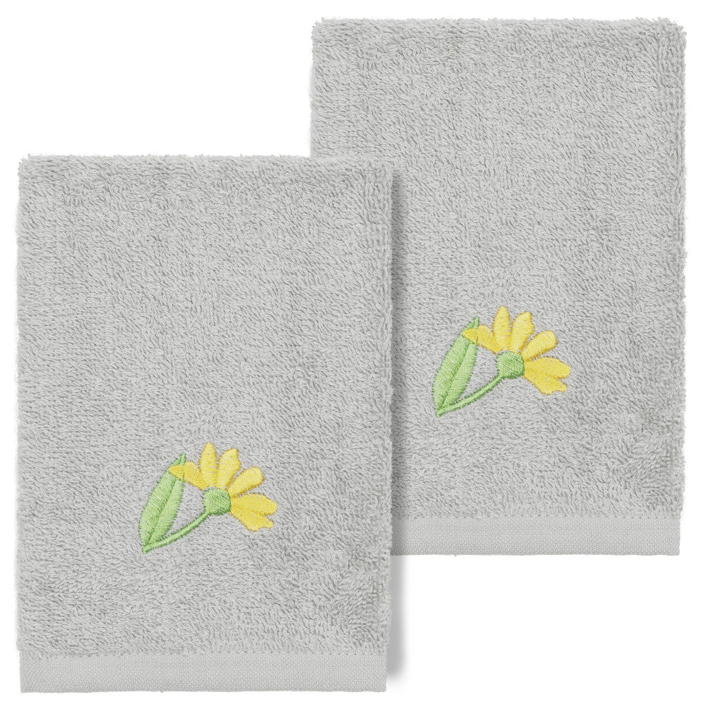 Linum Home Turkish Cotton Daisy 2-Piece Embellished Washcloth Set, Light Gray