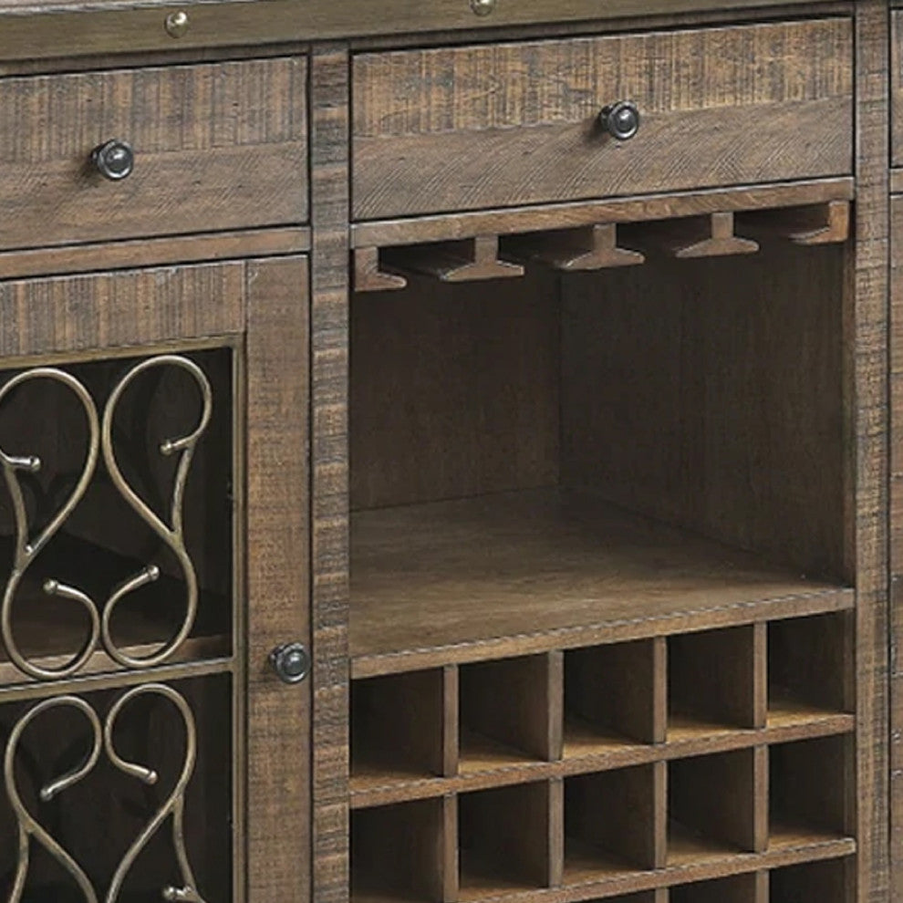 Benzara BM275677 Wood Sideboard Wine Bar Cabinet, Metal Scroll, Rustic Brown