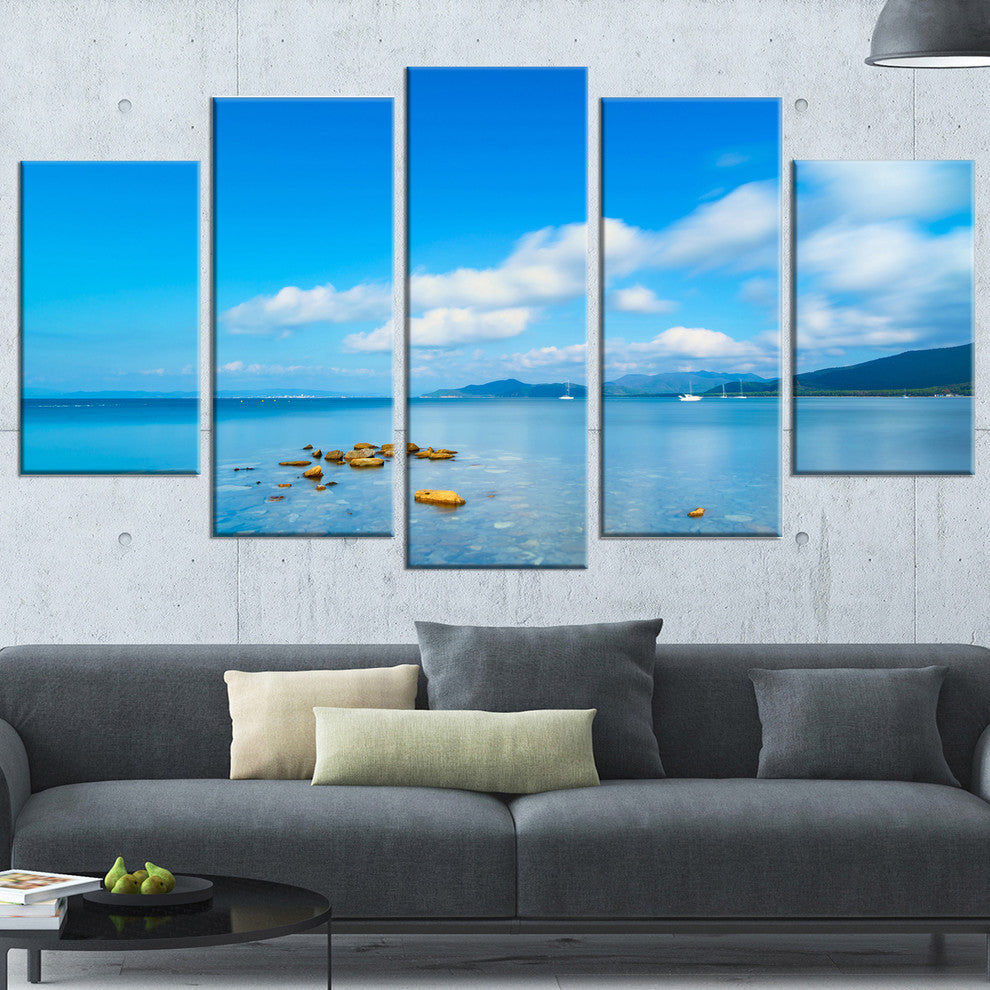 "Rocks in A Blue Panoramic Sea Bay" Seashore Wall Art, 5 Panels, 60"x32"