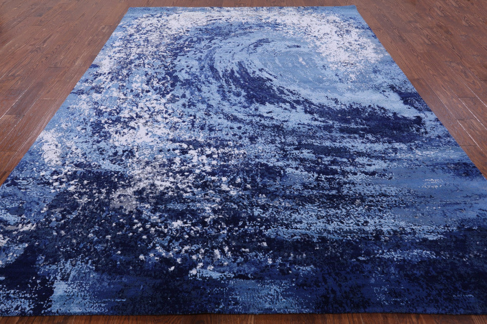7' 9" X 10' 3" Modern Ocean Design Hand-Knotted Wool and Silk Rug Q7130
