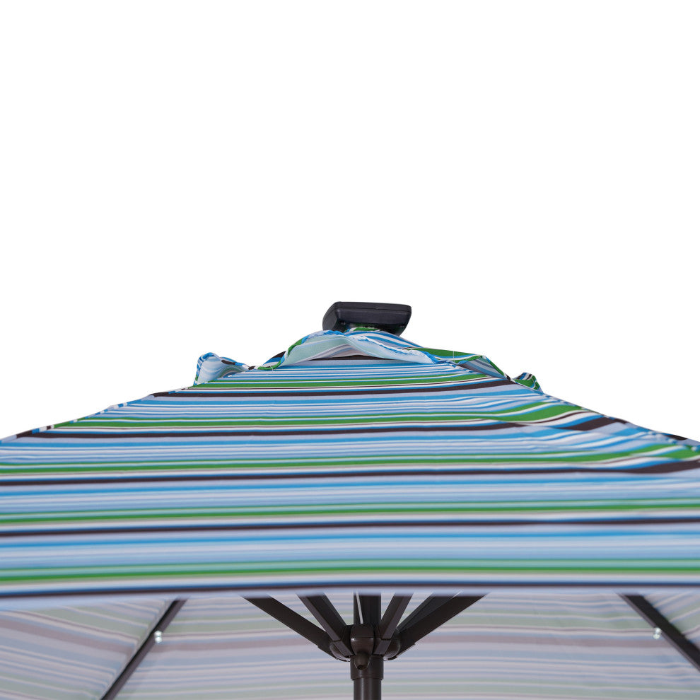 9' Outdoor Patio Steel Market Umbrella With 24 LED Lights, Blue Striped