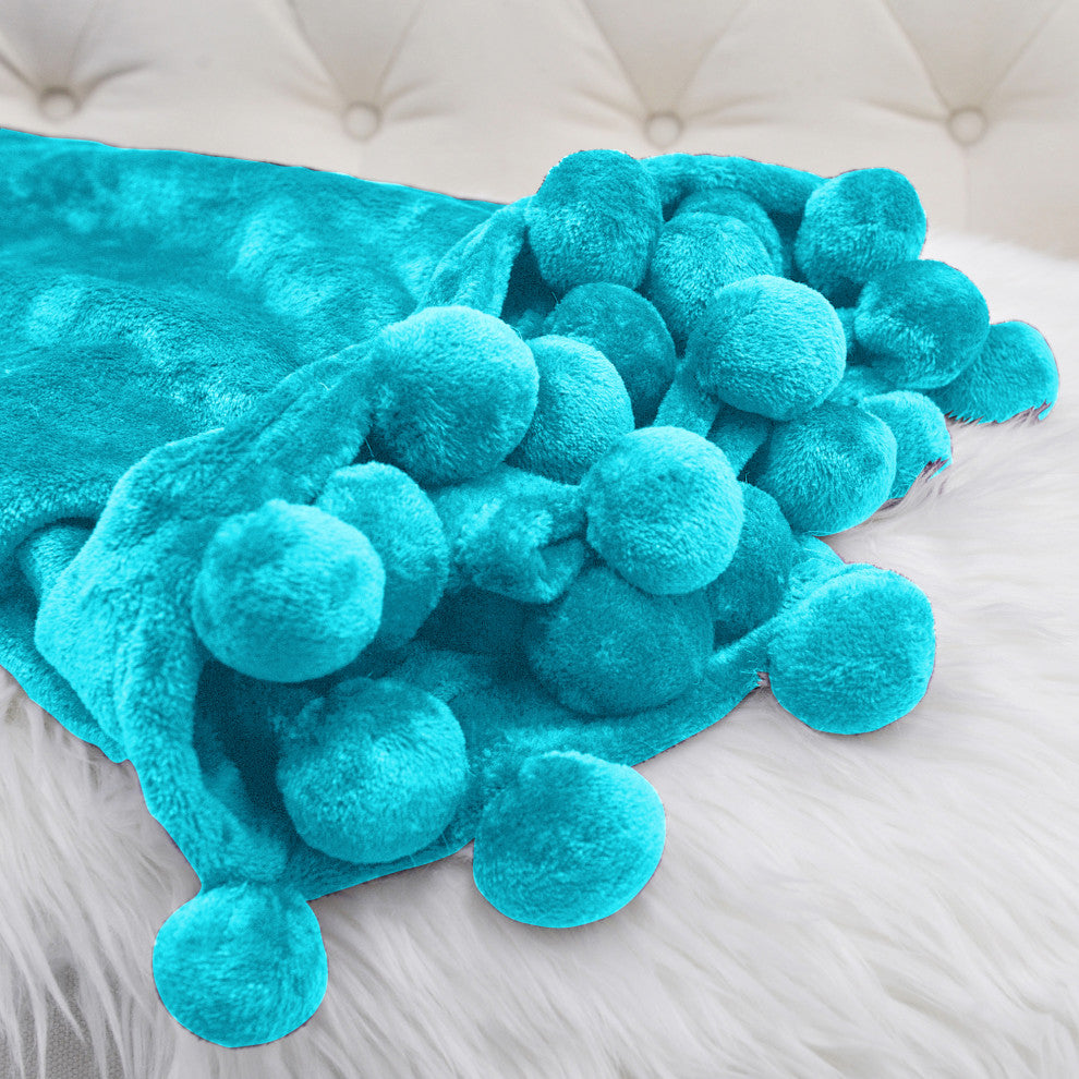 Pom Pom Flannel Fleece Throw Blanket, Baltic Blue, 50" X 60"