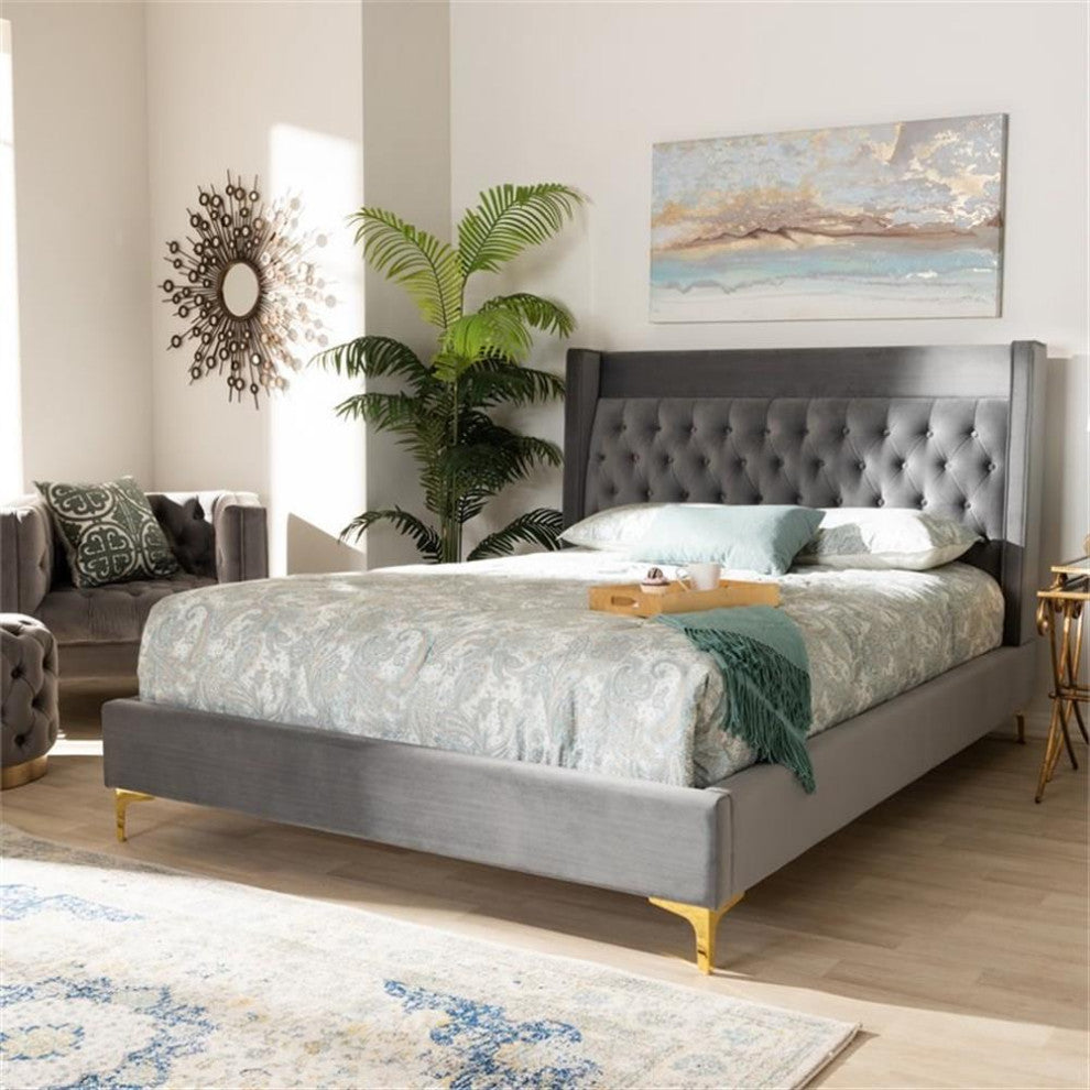 Bowery Hill Tufted Modern Velvet Platform King Bed in Dark Gray