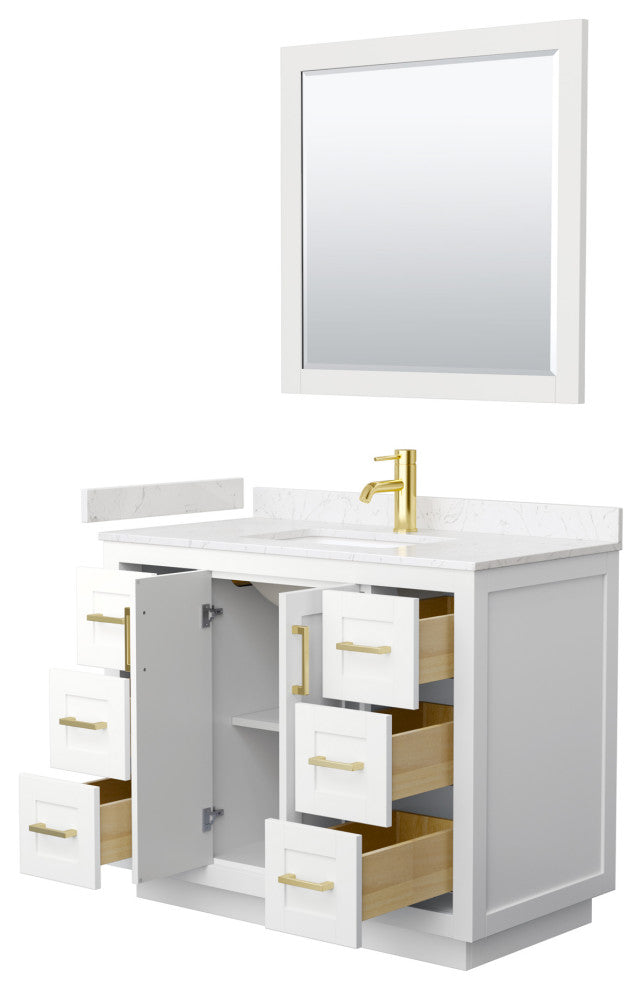 42"SGL Vanity White, LV Carrara Cult. Marble Top, Sink, Gold Trim, 34"Mirror