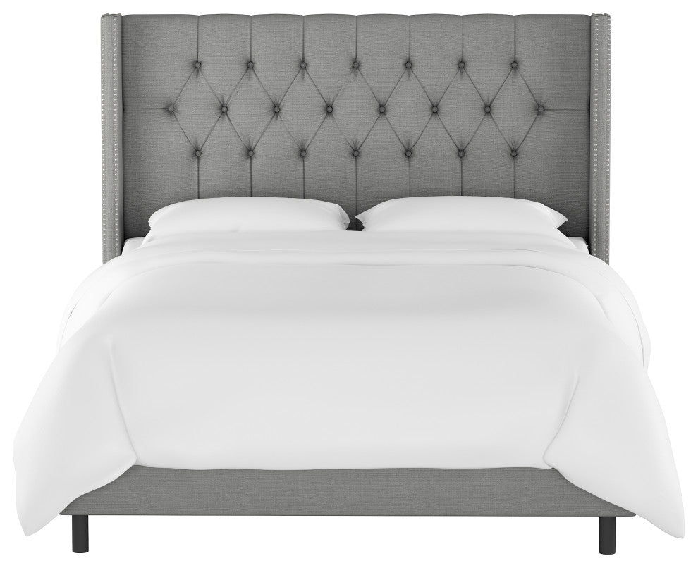 Monarch King Diamond Wingback Nail Button Bed, Linen Gray