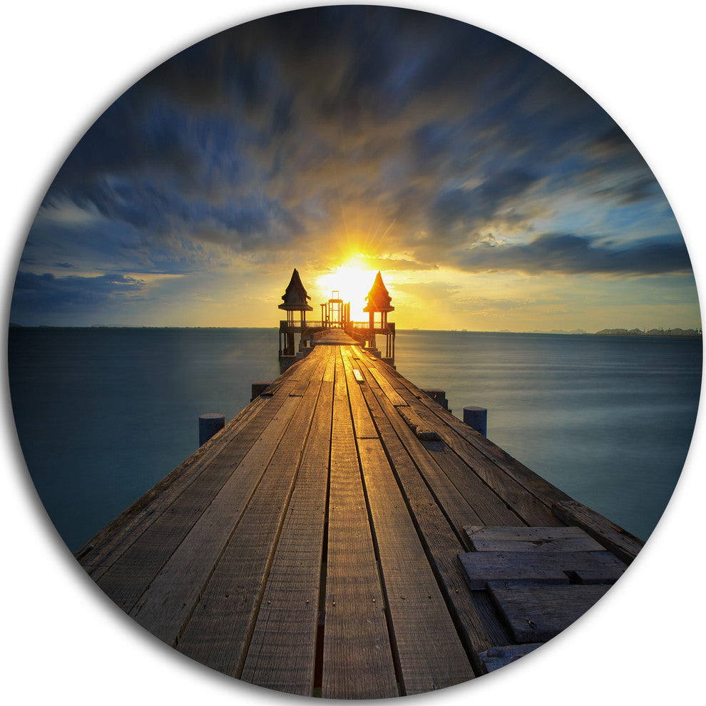 Illuminated Wooden Bridge In Sunlight, Sea Pier Disc Metal Artwork, 11"