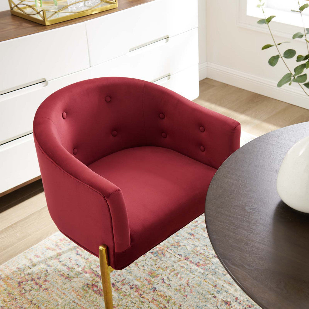 Tufted Accent Chair, Velvet, Metal, Red, Modern, Living Lounge Hotel Hospitality