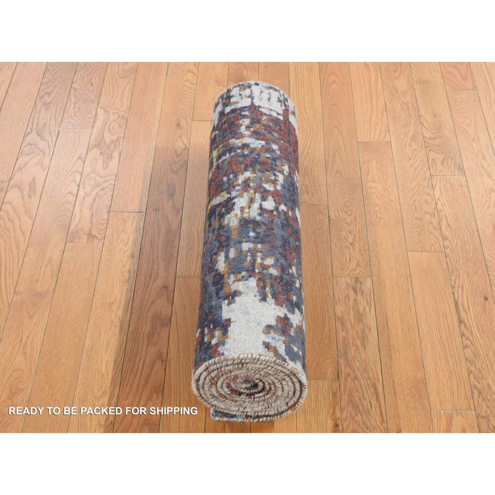 Thunder Gray Modern Abstract Wool and Silk Hand Knotted Runner Rug, 2'6"x10'