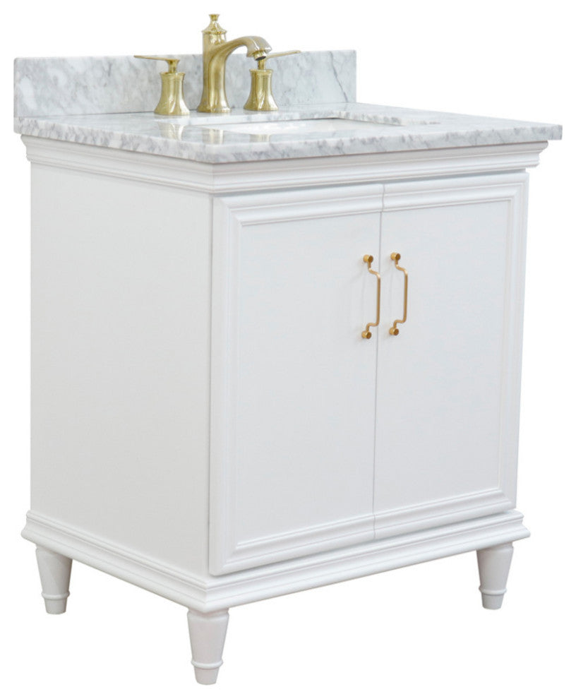 31" Single Vanity, White Finish With White Carrara And Rectangle Sink