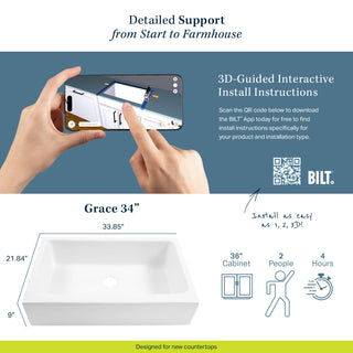 Grace Crisp White Fireclay 34" Single Bowl Quick-Fit Undermount Kitchen Sink