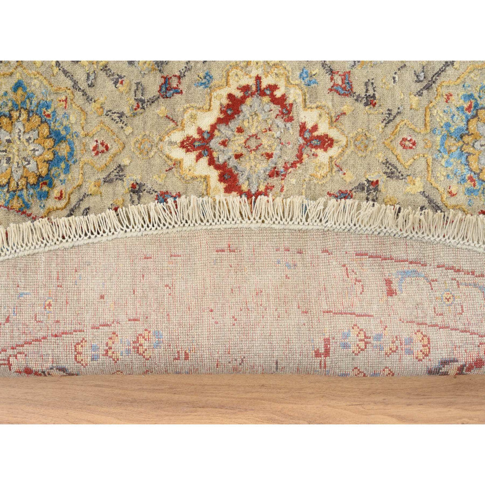 Beige, Wool and Pure Silk, Hand Knotted, Oriental, Round, Rug, 8'9" x 8'9"