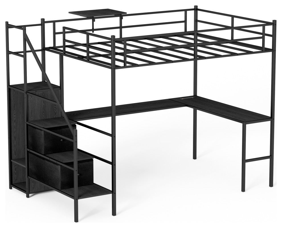Gewnee Full Size Metal Loft Bed with L-shaped Desk
