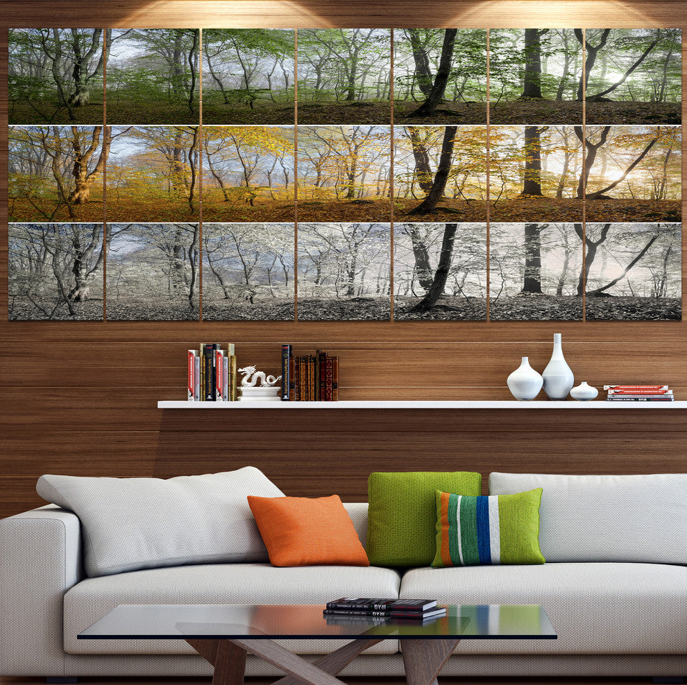 Three Seasons Forest Panorama, Landscape Canvas Art Print, 83"x32", 7 Panels