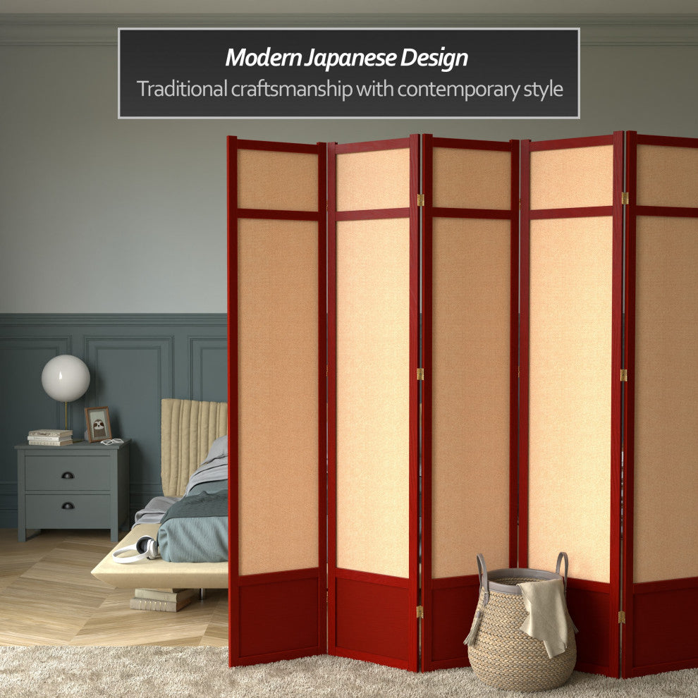 7' Tall Jute Shoji Screen, 5 Panel, Rosewood
