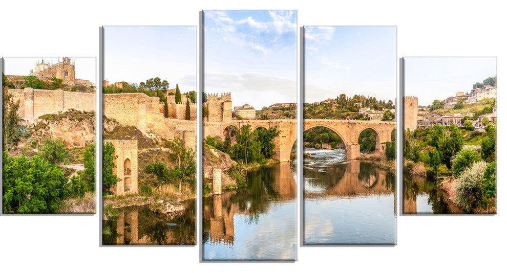 "Toledo Bridge in Spain" Landscape Canvas Photo Print, 5 Panels, 60"x32"
