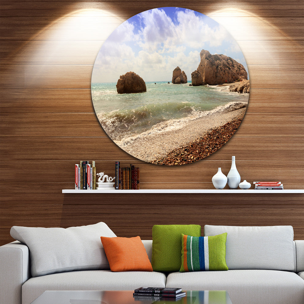 Amazing Aphrodite'S Rock In Cyprus, Seascape Disc Metal Wall Art, 23"
