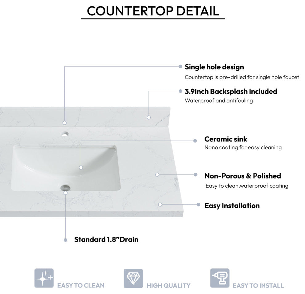 Malaga Composite Stone Vanity Top With Ceramic Sink, Grain White, 37"