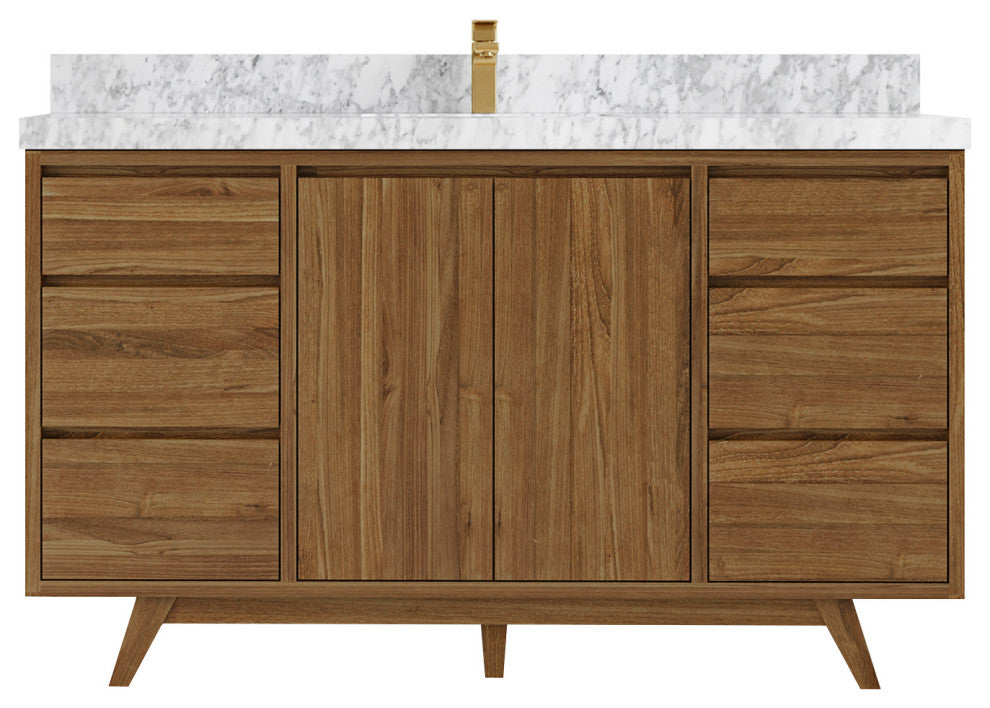 Madison Teak 60 Single Bathroom Vanity in Dark Natural 2" Carrara Marble