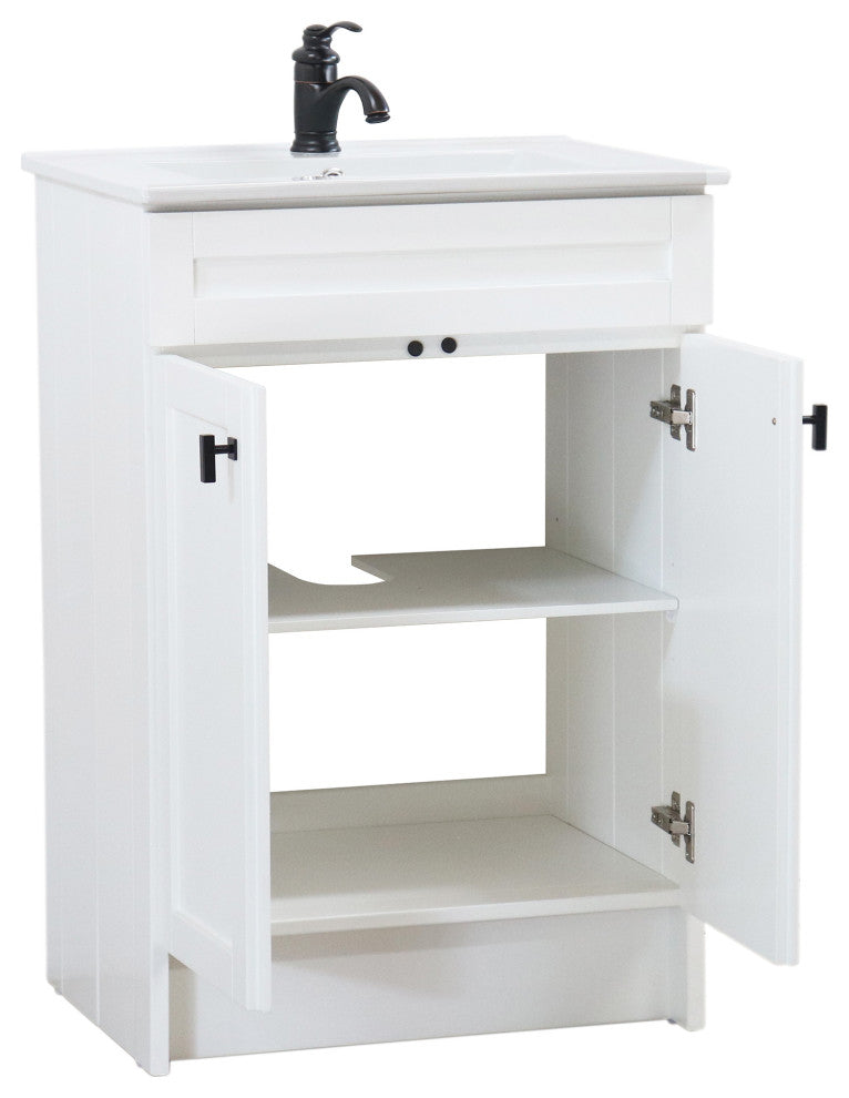 SmartFold 24" Single Sink Vanity, White With White Ceramic Top, Matte Black