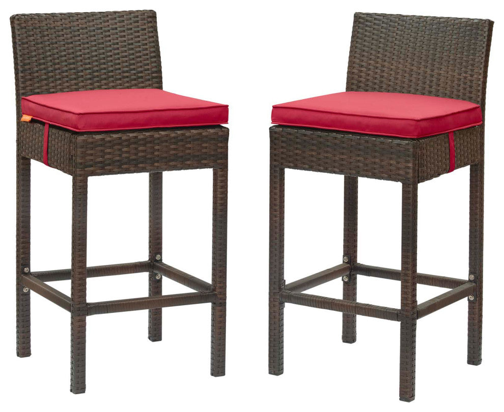 Outdoor Patio Bar Stool Chair, Set of Two, Fabric Rattan Wicker, Brown Red