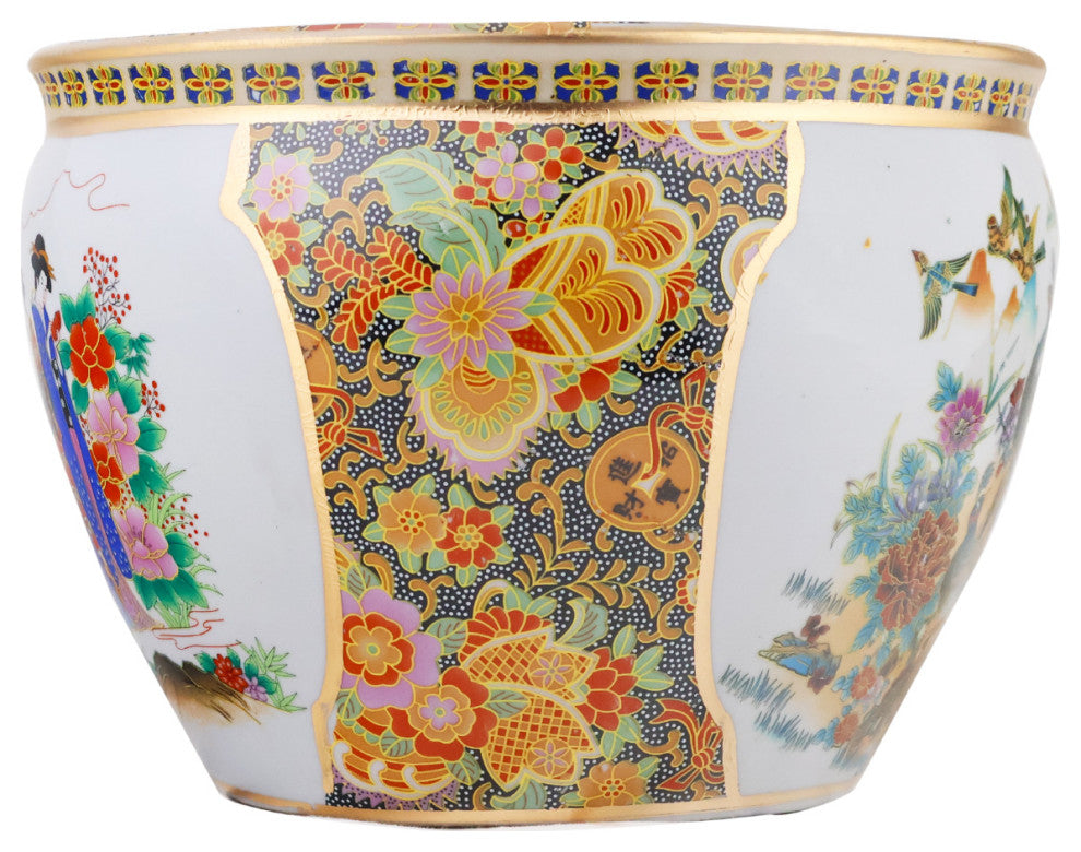 Chinese Porcelain Fish Bowl Planter, Satsuma Geishas, 8"