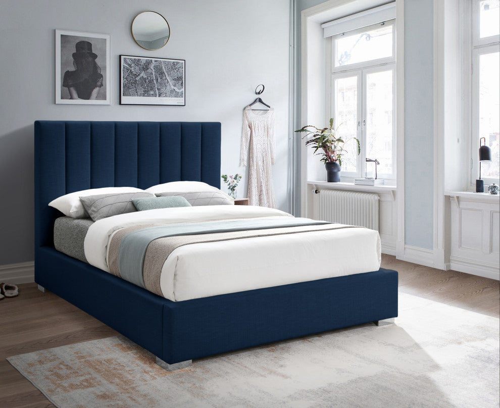 Pierce Linen Textured Fabric Upholstered Bed, Navy, Full