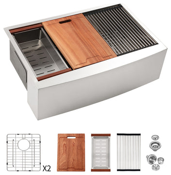 Stainless Steel Double Bowl Farmhouse Kitchen Sink, Workstation