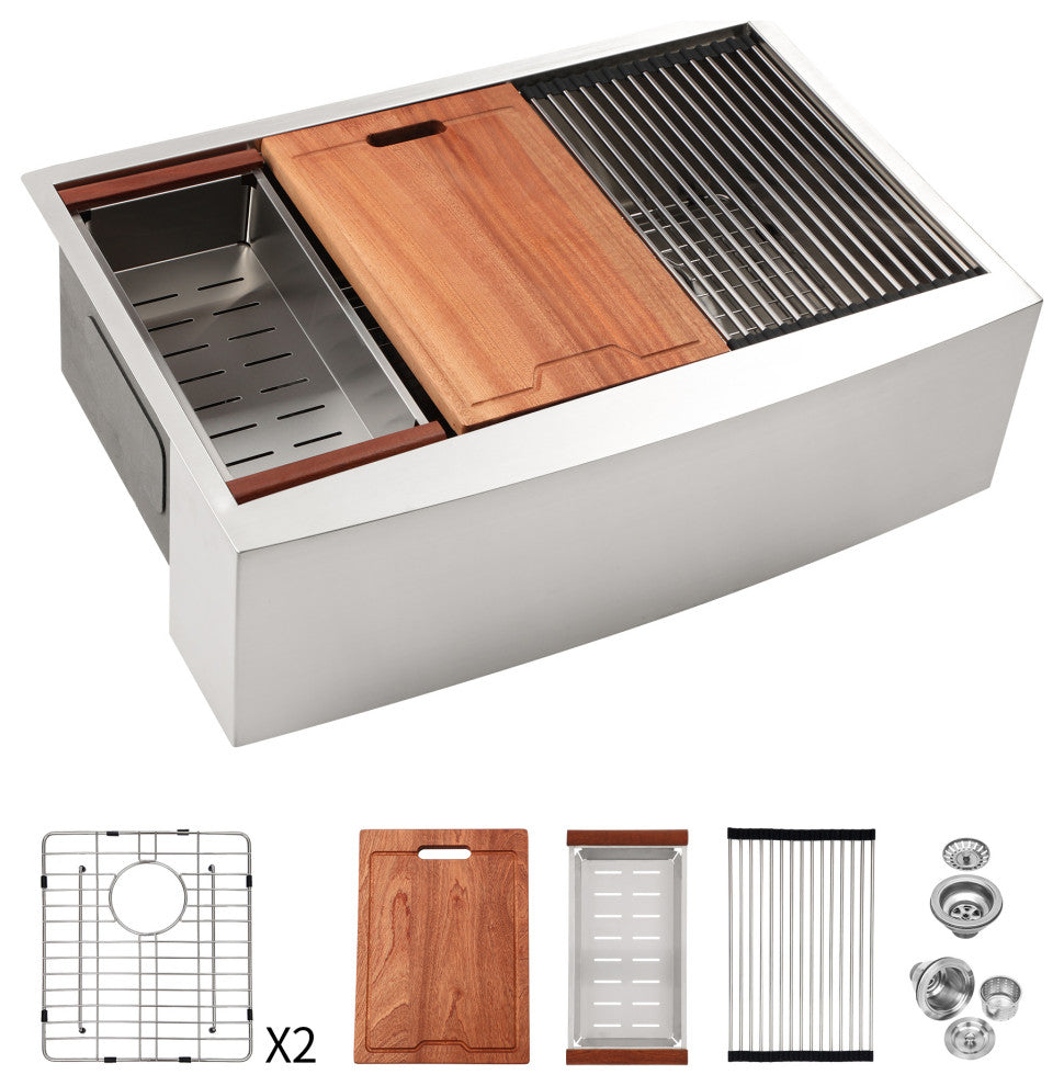Stainless Steel Double Bowl Farmhouse Kitchen Sink, Workstation