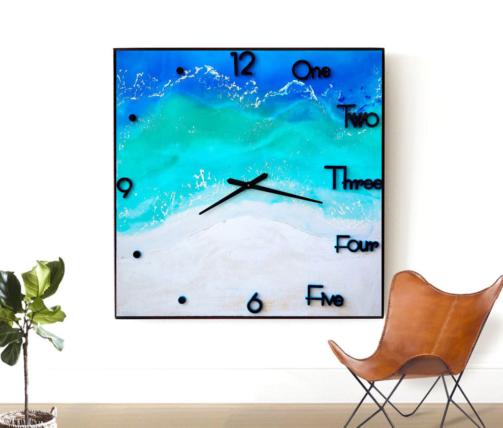 ED epoxy resin wall clock, 3D sculpture art, abstract seascape art