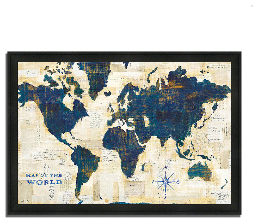 "World Map Collage" By Sue Schlabach, Framed Painting Print, Ready To Hang