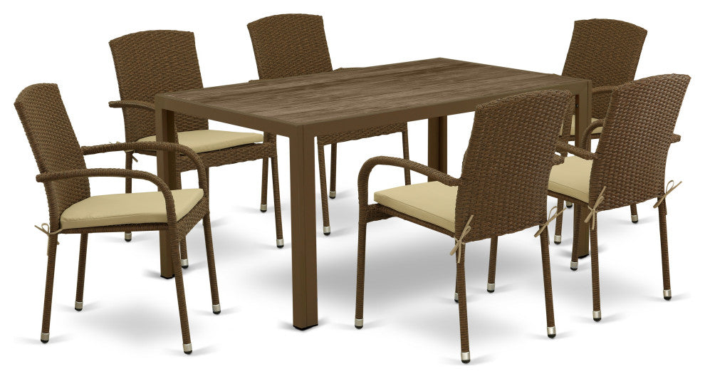 7Pc Outdoor- Brown Wicker Dining Set, Patio Table, 6 Balcony Backyard Armchair