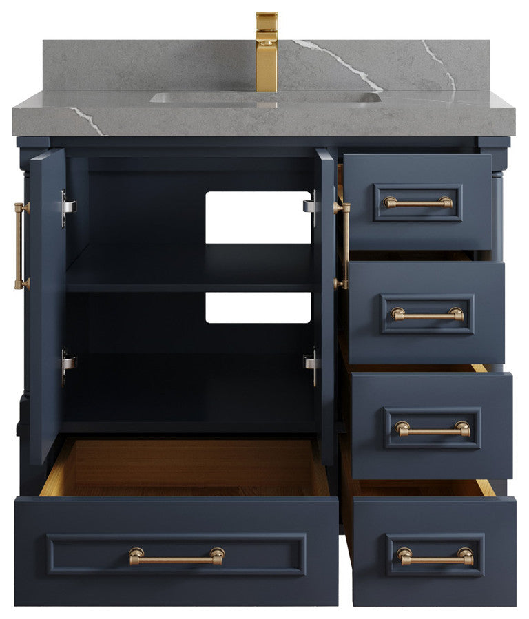 Aberdeen 36 Center Sink Bath Vanity in Hale Navy Blue  2" Piatra Gray