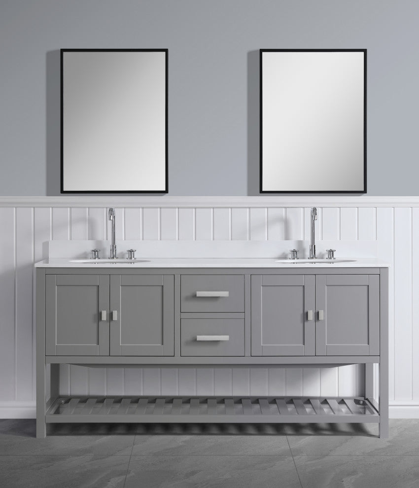 Monaco Bathroom Vanity Base Cabinet Without Top, Gray, 72", Double Sink