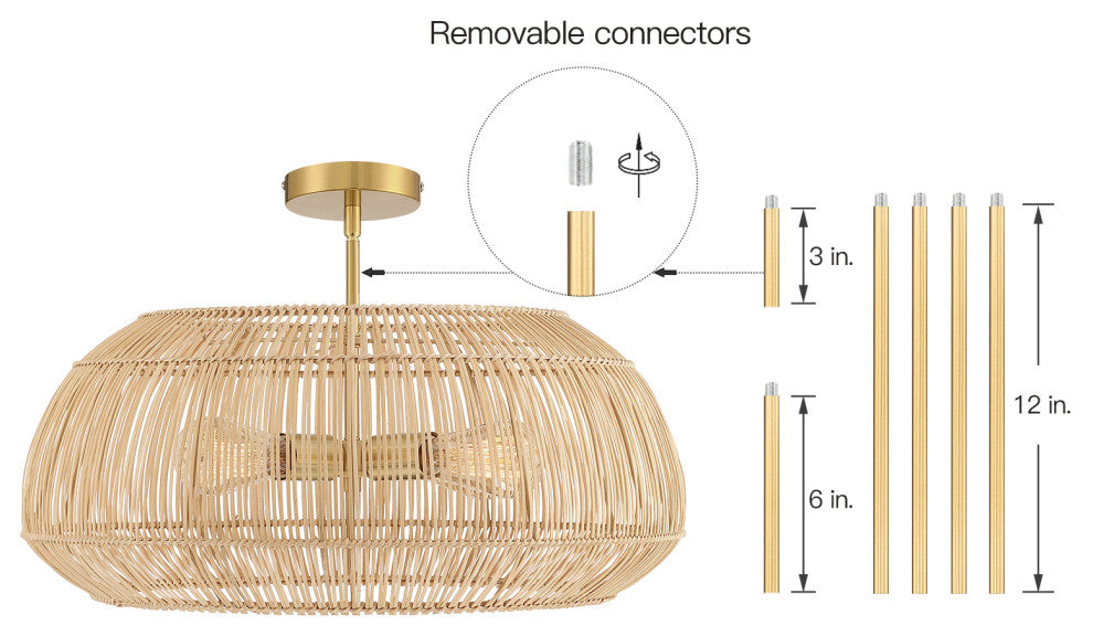 22" W 4 Light Rattan Pendant Chandelier With Brass Canopy