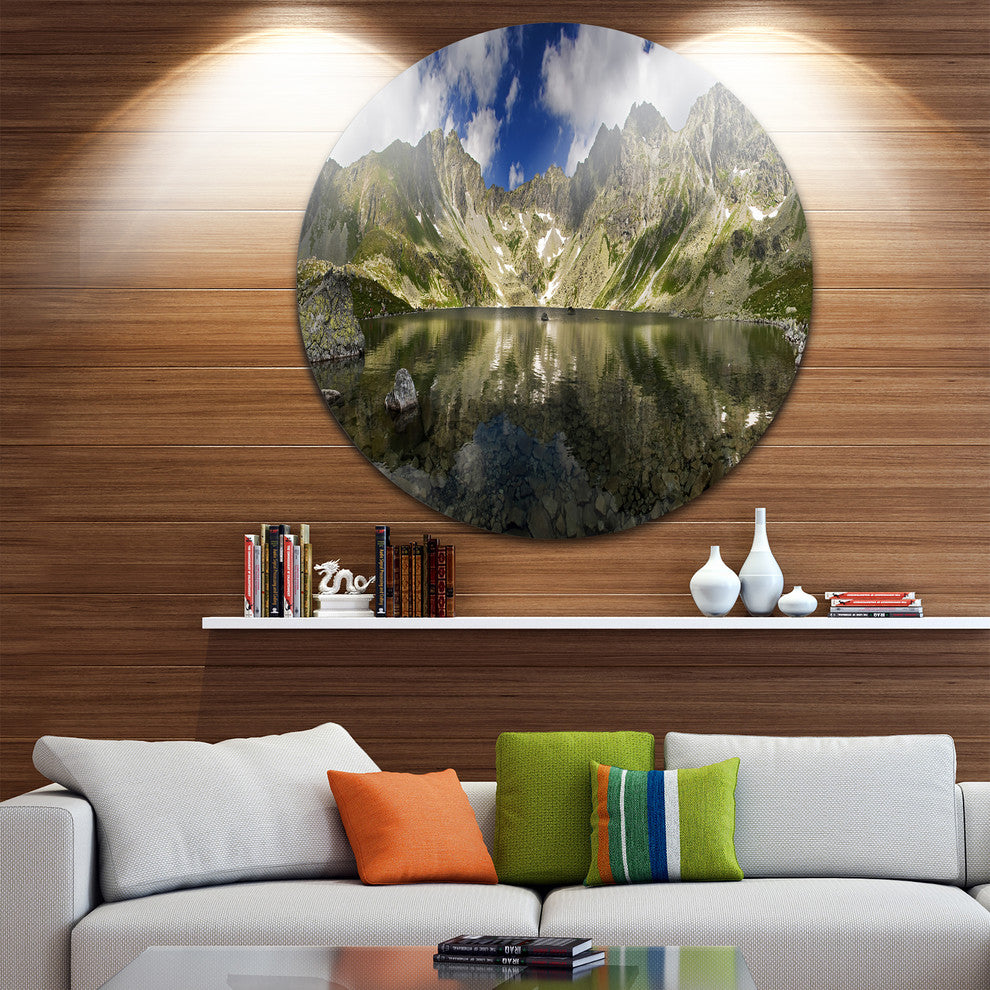 Mountain Lake With Reflection, Landscape Photo Disc Metal Artwork, 36"