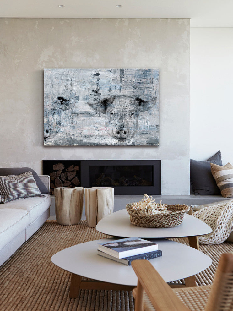 "Blue Pigs" Painting Print on Wrapped Canvas, 18"x12"