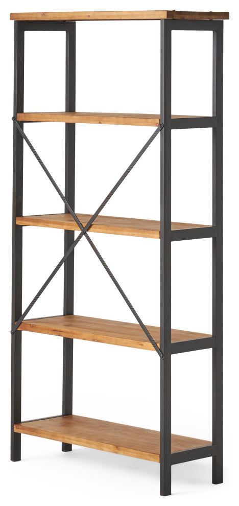 Warner 4 Shelf Firwood Display Bookcase, Antique Brown and Brushed Black Rust