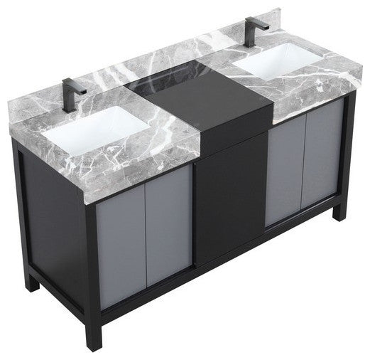 Zilara 60" Black and Grey Double Vanity, Balzani Gun Metal Faucet Set