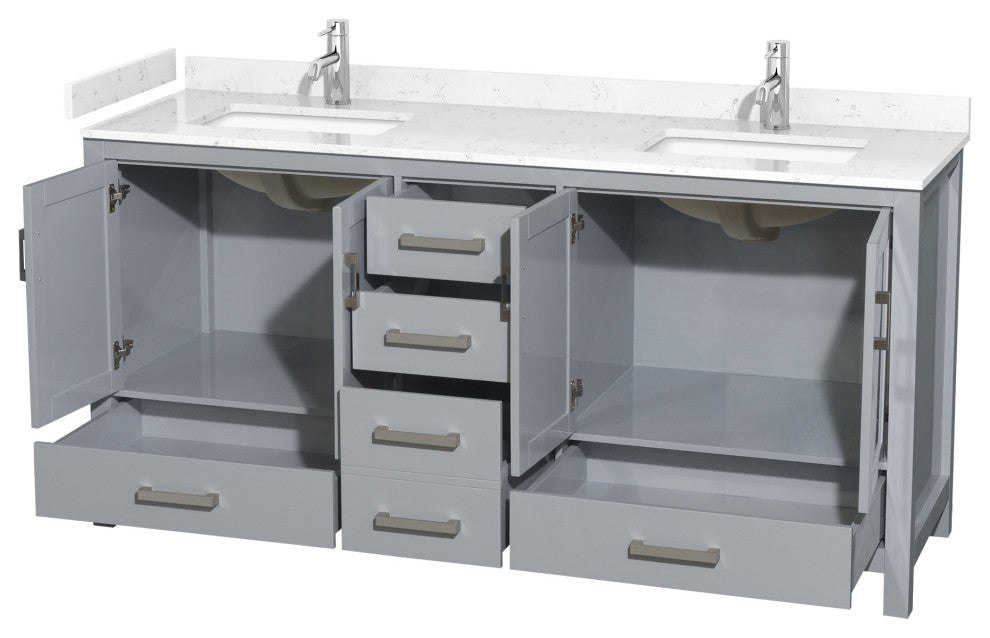 72" Double Bathroom Vanity, Gray, Carrara Cultured Marble Countertop, Sinks