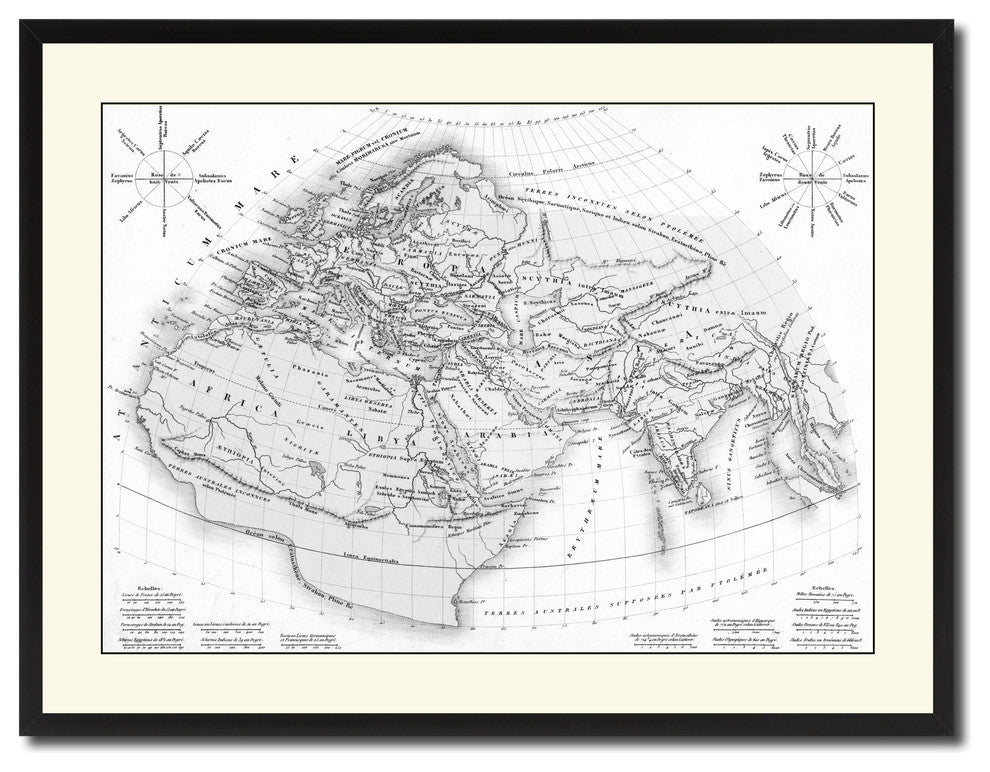 World In The Time Of Ptolomy Vintage B&W Map Canvas Print, 28"x37"