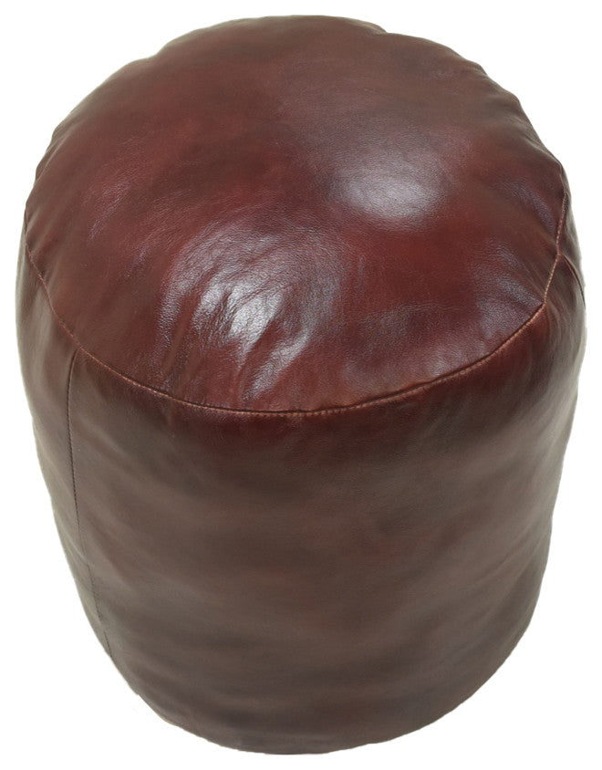 Pouf-Solid Handmade Leather Pouf (Recycled Foam with Fiber Fill), Cherry, [Round]14x14x14