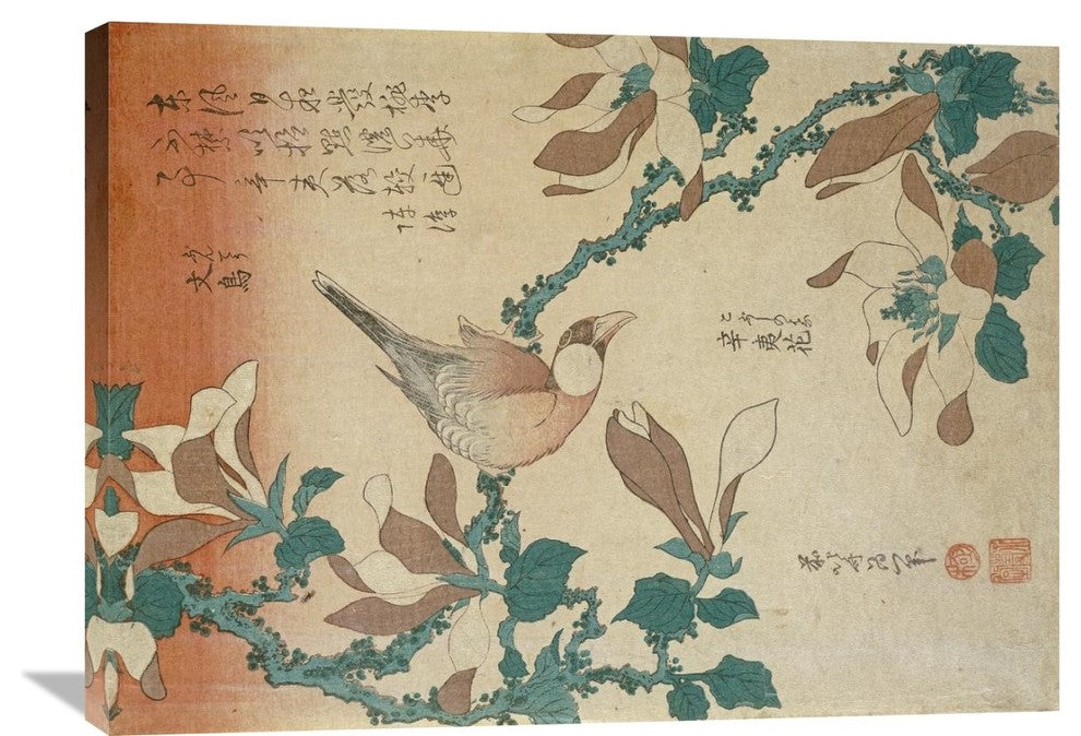 "A Paddy Bird Perched On a Flowering Magnolia Branch" Artwork, 36" x 26"