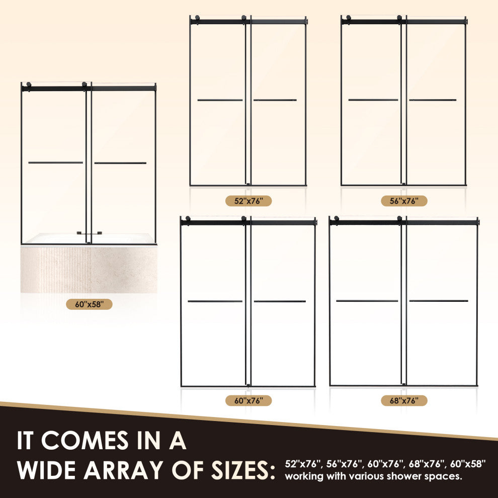 Frameless Exposed Roller Shower Door, Clear Glass, Matte Black, 68" W X 76" H
