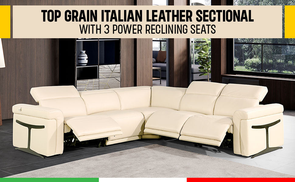 Giovanni 5-Piece 3-Power Reclining Italian Leather Sectional, Camel