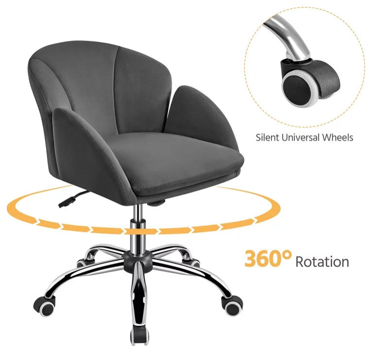Set of 2 Office Chair, Silver Base With Channel Stitched Velvet Seat, Dark Gray