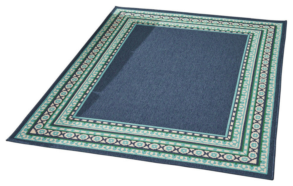 GDF Studio Darleen Outdoor Border  Area Rug, Navy and Green, 5'x8'
