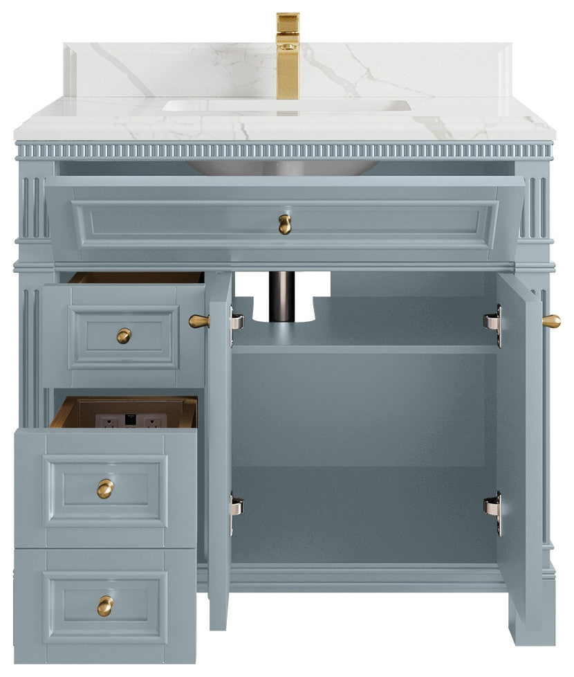 Paris 36" Center Sink Bathroom Vanity, Blue Heather 1.5" Calacatta Laza
